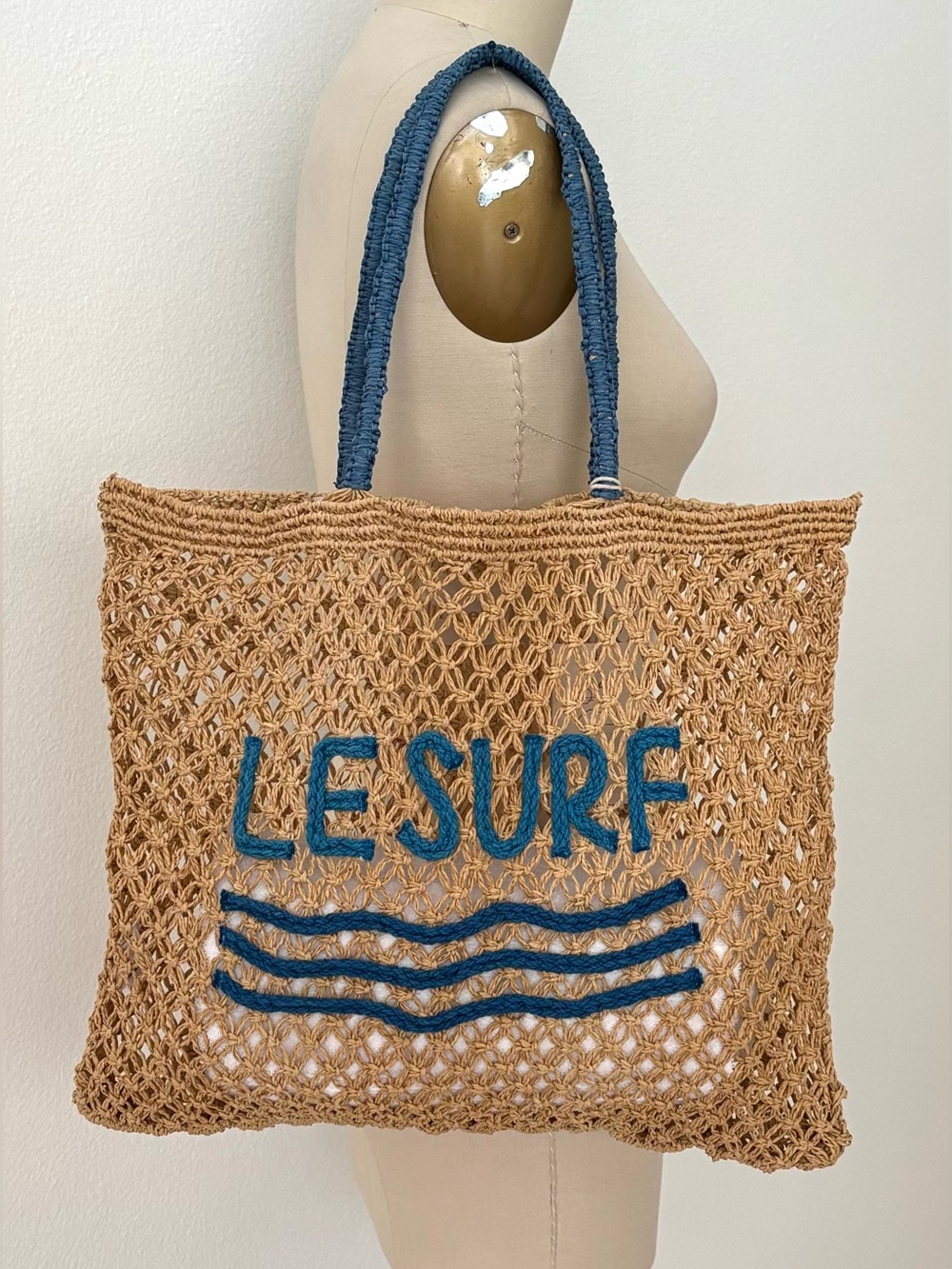Lu & Elle Le Surf Raffia Macrame Tote NWT Cotton Embroidered Lettering